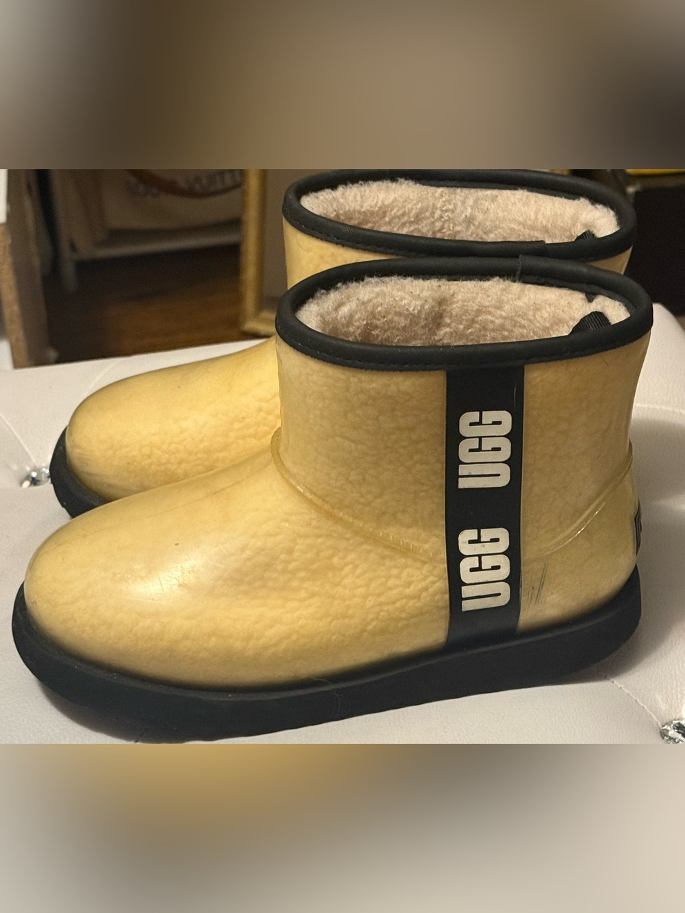 UGG Kids Yellow Shearling-Lined Short Boots with Black Trim